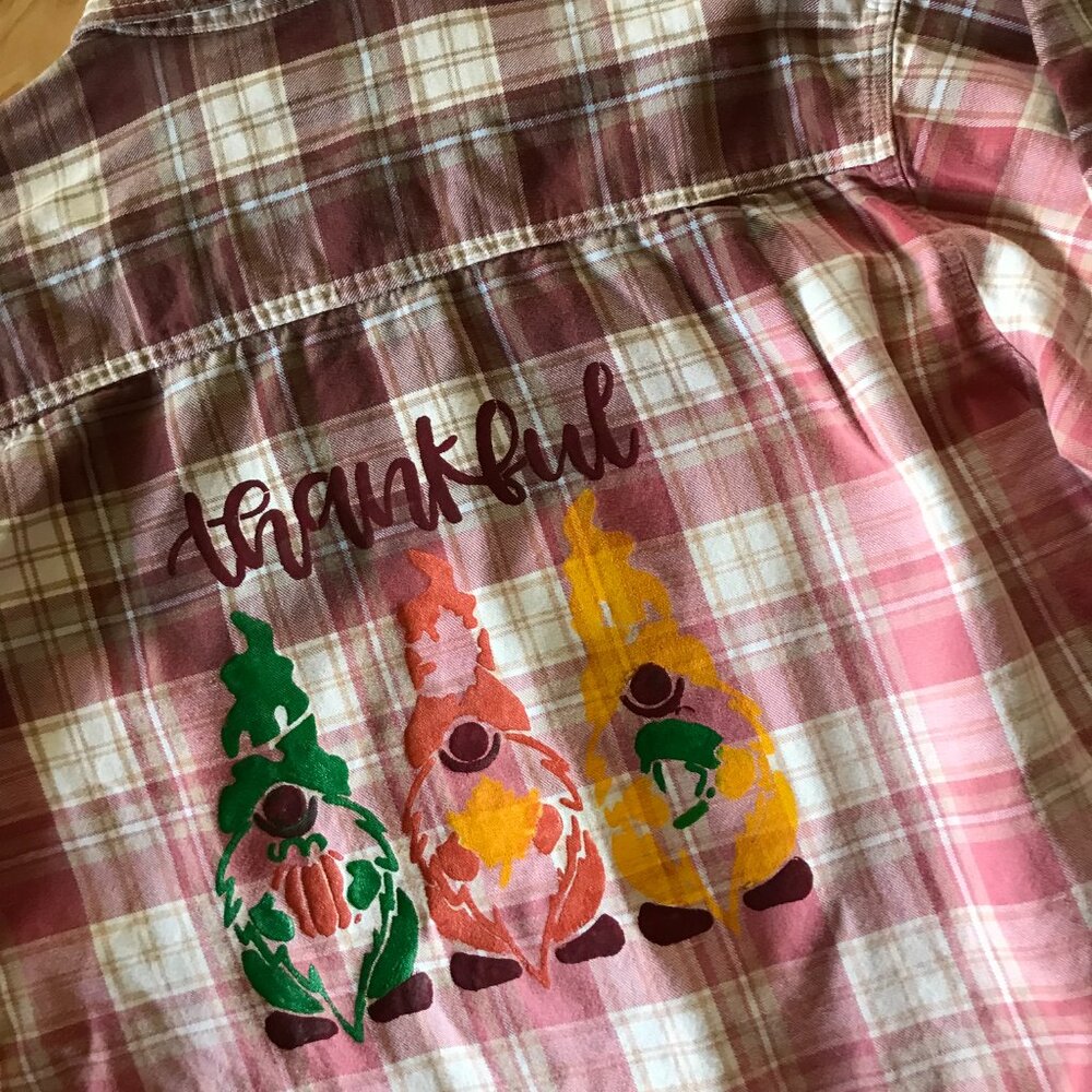 Ombre Bleached Flannel Shirt Upcycled, Painted Thankful Gnomes Plus Size XL - Picture 11 of 12